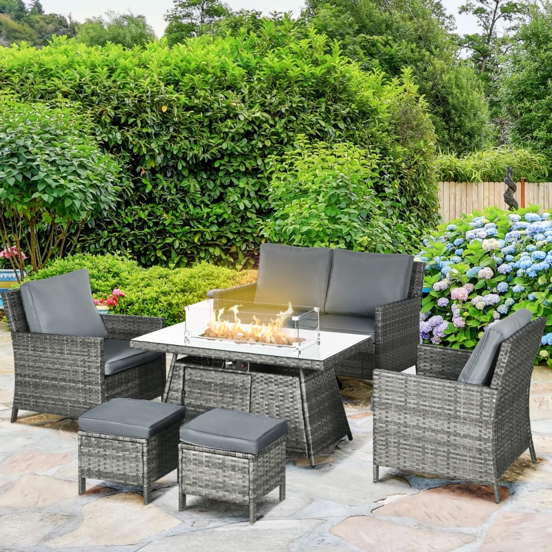 Outsunny 6 Seater Rattan Garden Furniture Set, Gas Fire Pit Table, Wicker Loveseat, 2 Armchairs and 2 Footstools, 6 Piece Patio Rattan furniture Sofa Sets with Cushions for Conservatory, Grey