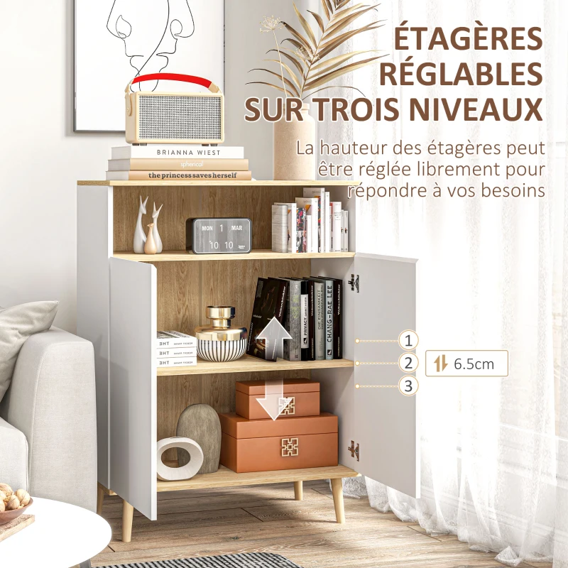 HOMCOM Meuble de rangement buffet sur pied scandinave placard 2 portes avec étagère intérieure blanc et aspect bois