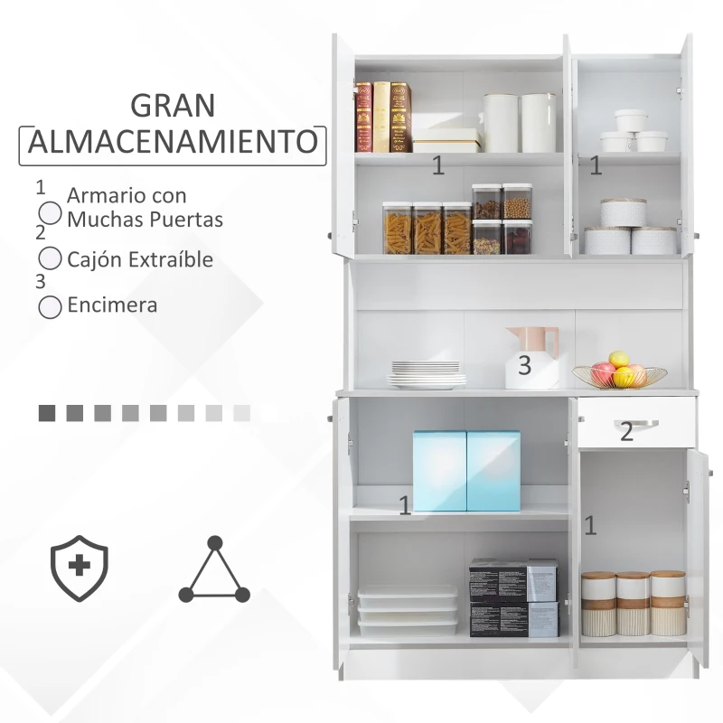 HOMCOM Alacena de Cocina Aparador de Comedor con 1 Cajón 6 Puertas y Estantes Ajustable Estilo Moderno 101x39x180 cm Blanco(m-4)