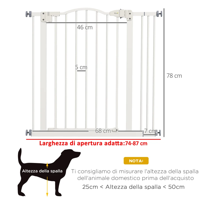 PawHut Cancelletto per Cani Estensibile con 2 Blocchi e Chiusura Automatica, in Metallo e Plastica, 74-87x78 cm, Bianco