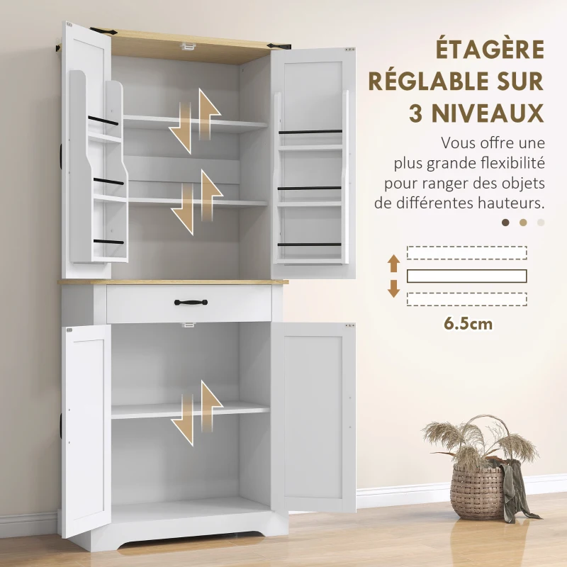 HOMCOM Armoire de cuisine buffet cuisine, 4 portes, 6 étagères à porte,1 tiroir et étagères réglables 76,5 x 40 x 181 cm blanc