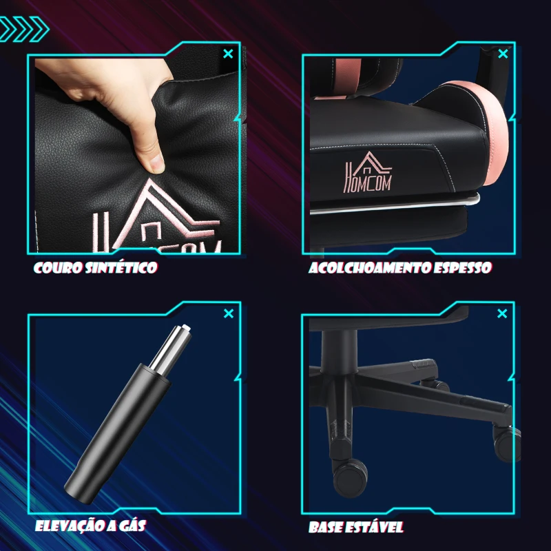 HOMCOM Cadeira Gaming com Orelhas Cadeira Gamer Reclinável com Altura Ajustável e Suporte Lombar 65x62x116-124 cm Preto e Rosa