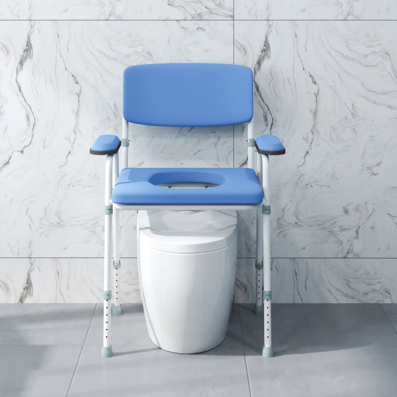 HOMCOM Chaise percée toilette multifonctions seau amovible hauteur réglable avec dossier siège et accoudoirs rembourrés bleu