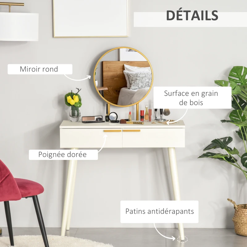 HOMCOM Coiffeuse Design Table de Maquillage avec Miroir rond, 2 tiroirs pour chambre, intérieur, blanc