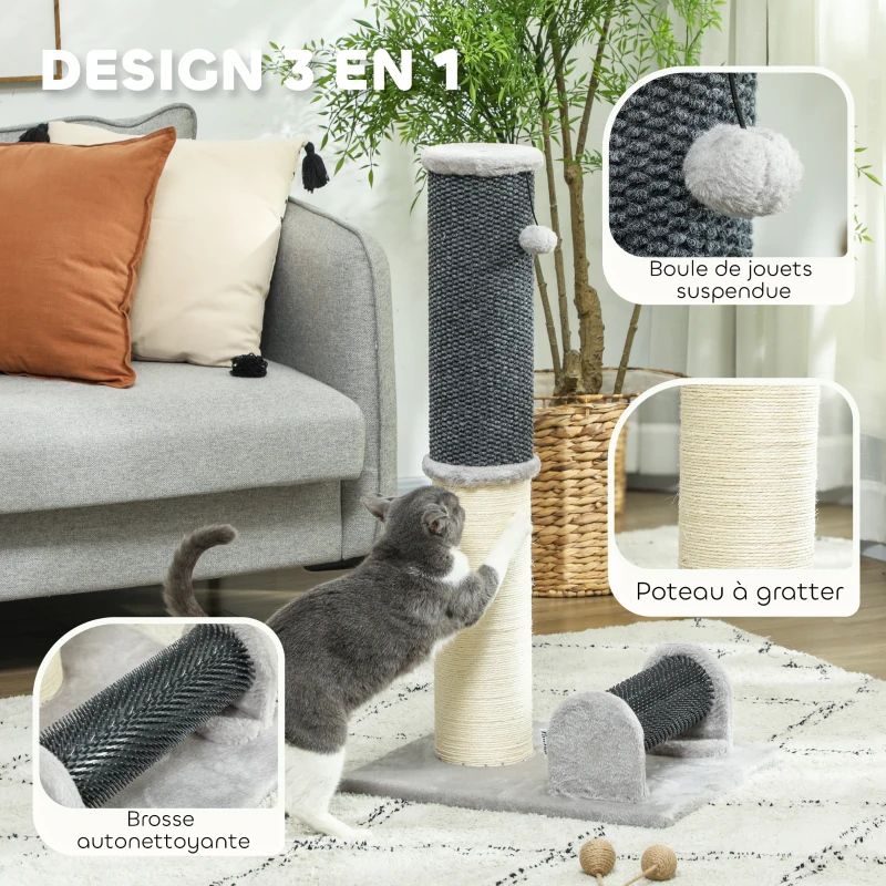 PawHut Poteau griffoir chat poteaux à griffer pour chat 3 in 1 avec grande base tapis à motif ananas 40 x 48 x 85 cm gris clair