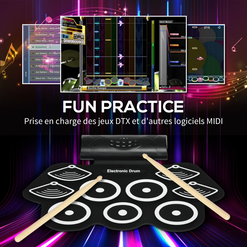 SPORTNOW Électronique drum set, kit de batterie électrique, avec 9 pads, pédales et baguettes de tambour, silicone, blanc et noir