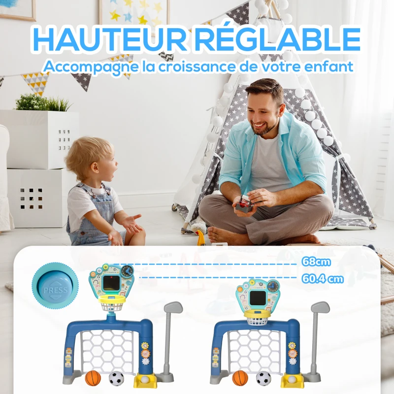 AIYAPLAY But de football pour enfants, centre multi-activités 3 en 1 avec panier de basket réglable tableau de score set de golf