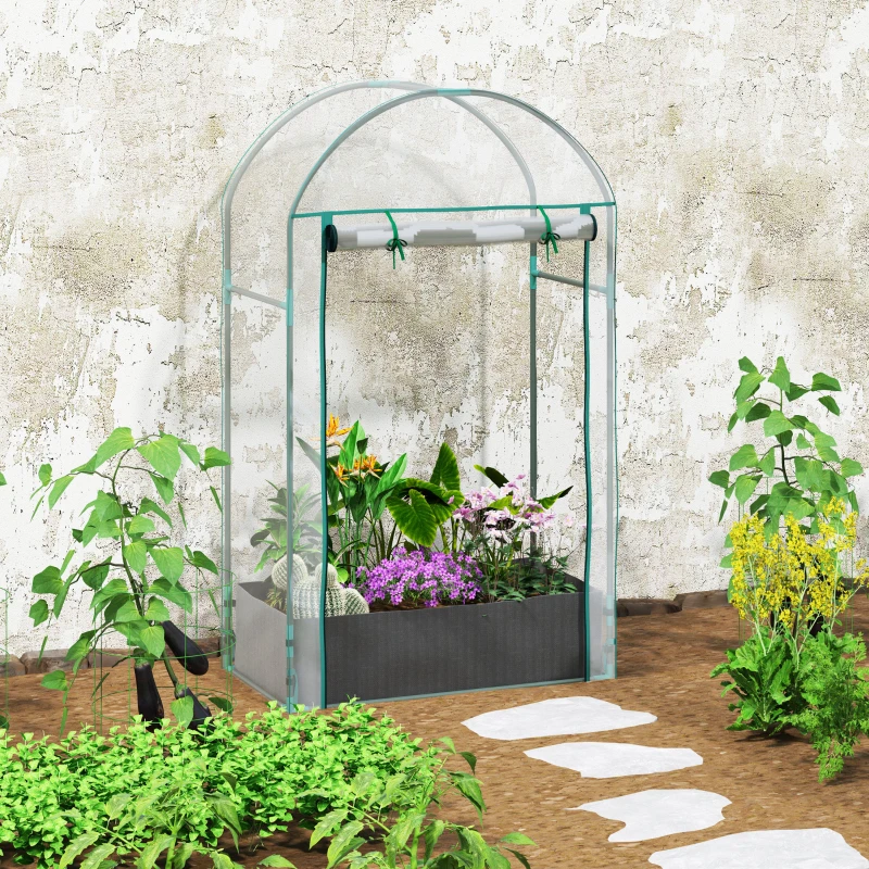 Outsunny Mini serre de jardin serre balcon avec sac de plantation et housse en plastique renforcé, porte enroulable, transparente