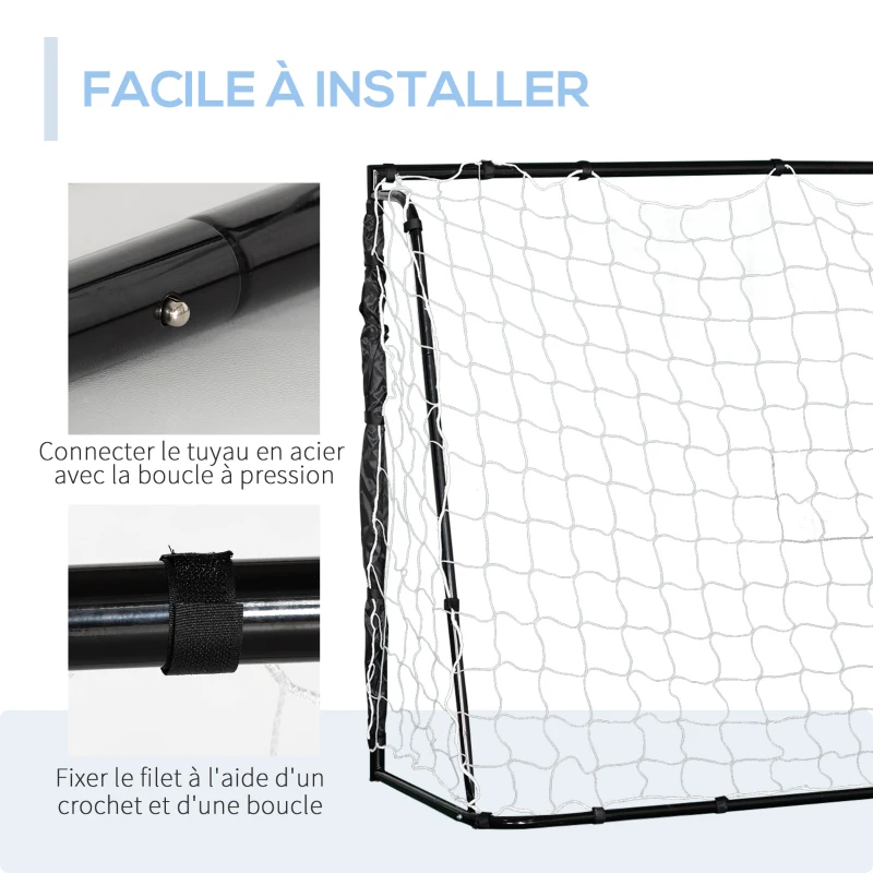 HOMCOM But de football cage de foot châssis métal filet PE piquets & outil inclus dim. 186L x 62l x 123H cm noir blanc