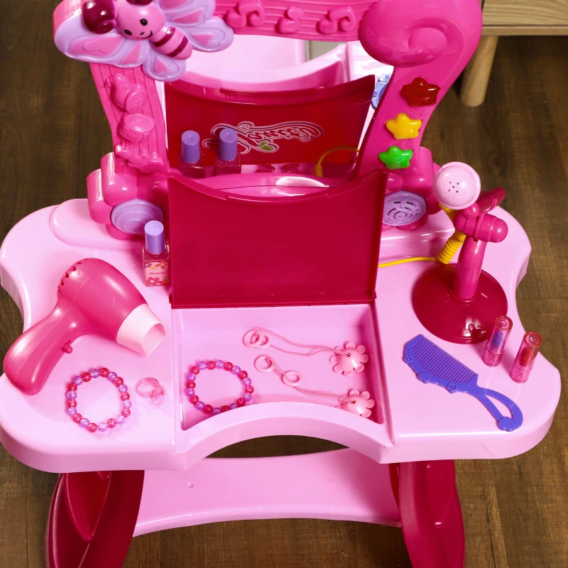 AIYAPLAY 15 PCS Coiffeuse enfant avec tabouret et miroir, lumière, musique, microphone, sèche-cheveux, espace de rangement