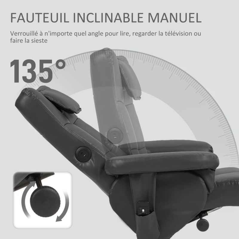 HOMCOM Fauteuil massant avec repose-pied, dossier inclinable jusqu'à 135°, coffre de rangement, télécommande