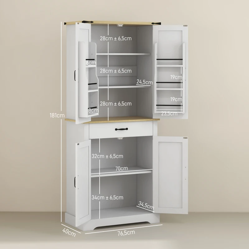 HOMCOM Armoire de cuisine buffet cuisine, 4 portes, 6 étagères à porte,1 tiroir et étagères réglables 76,5 x 40 x 181 cm blanc