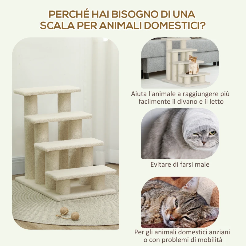 PawHut Scaletta per Cani e Gatti a 4 Gradini con Rivestimento in Peluche, Scala per Gatto e Animali Domestici Antiscivolo, Scalini per Cuccioli per Letto e Divano, 61x41x60cm Crema