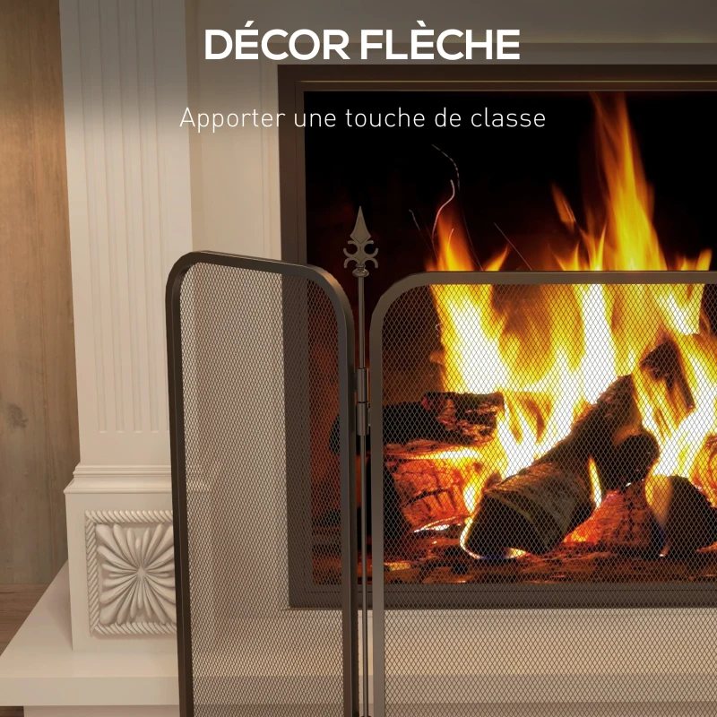 HOMCOM Pare feu cheminée pliable 3 panneaux, pare-étincelles cheminée, grille de protection cheminée en maille de métal noir