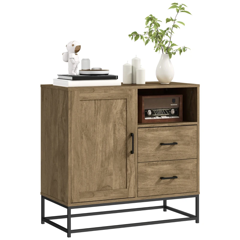 HOMCOM Buffet, Aufbewahrungsmöbel mit 2 Schubladen, offenem Fach und verstellbarem Regal, 80L x 40B x 78H cm, natur