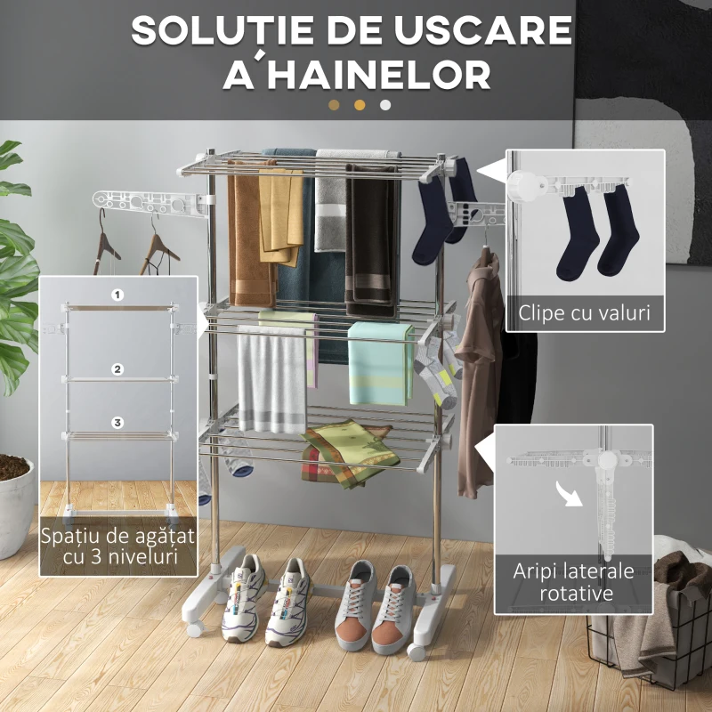 Homcom Suport de Uscat Rufe – Inox, 3 Etaje Reglabile Premium