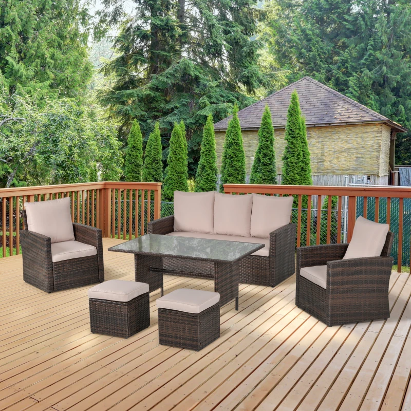 Outsunny Six-Piece Rattan Sofa Set, with Glass-Top Table - Mixed Brown