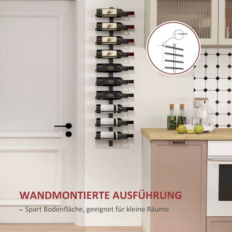 HOMCOM Weinregal, Wandregal für 10 Flaschen Wein, 10 Ebenen, Metall, für Küche, Wohnzimmer, Hausbar, Schwarz(m-5)