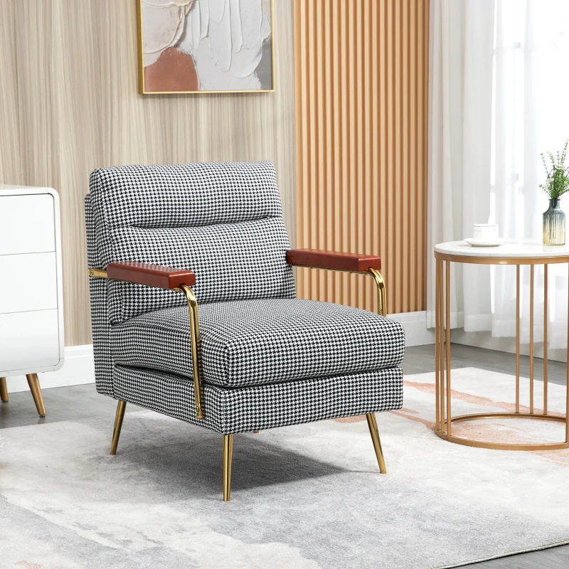 HOMCOM Fauteuil au design rétro, fauteuil d'appoint, motif pied-de-poule, éléments en bois, noyau en ressort, noir + blanc