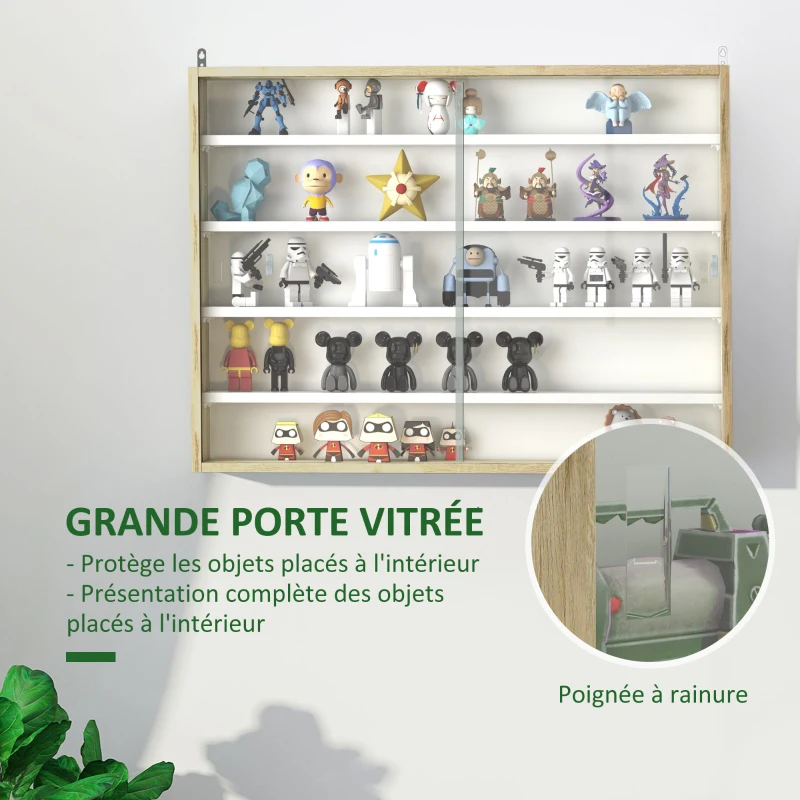 HOMCOM Vitrine pour collection vitrine murale 80 x 9,5 x 60 cm 4 étagères réglables en hauteur 2 portes coulissantes en verre