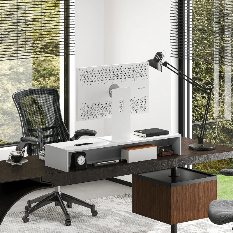 HOMCOM Rehausseur écran PC bureau support d'écran d'ordinateur de 100 cm support moniteur avec deux compartiments, blanc