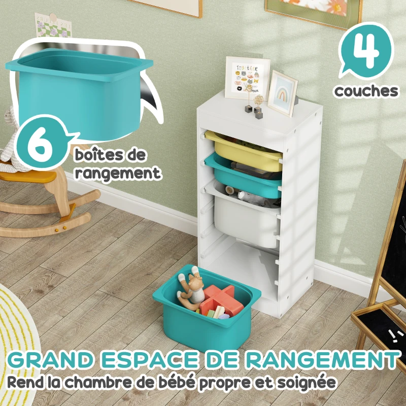 AIYAPLAY Meuble de rangement pour enfant, rangement jouets enfant, avec 4 boîte de rangement, 40,8L x 30l x 90,3H cm, blanc