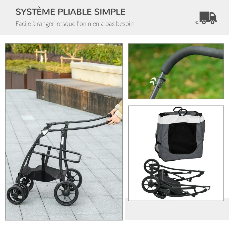 PawHut Poussette pliable animaux chien chat nacelle amovible bandoulières 4 roues 81 x 58 x 97,5 cm gris