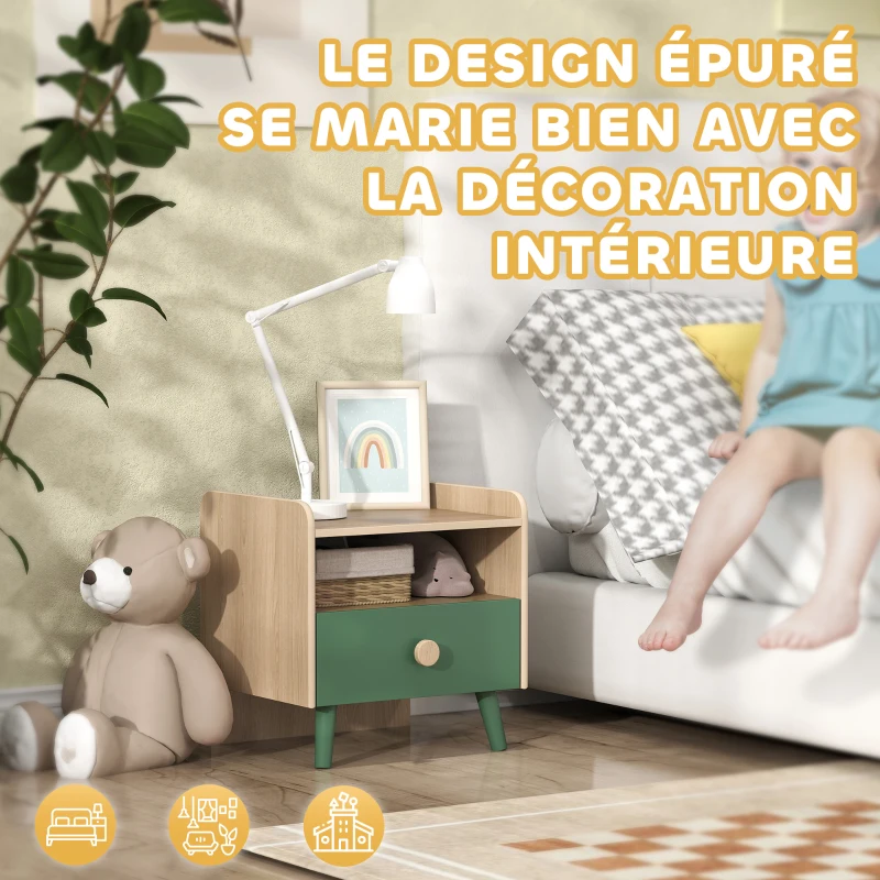 AIYAPLAY Table de chevet enfant table de nuit enfant avec tiroir et niche, petite table d'appoint en bois pour chambre d'enfant