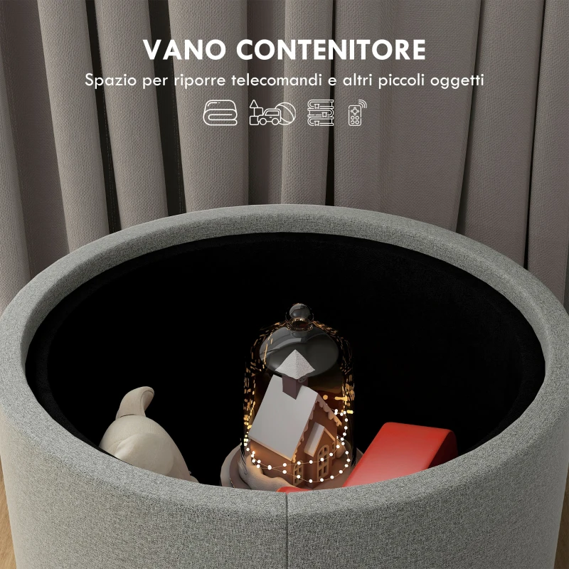 HOMCOM Pouf Contenitore Effetto Lino da 120 kg max con Vassoio a Ribalta, in MDF, 56x56x42 cm, Grigio