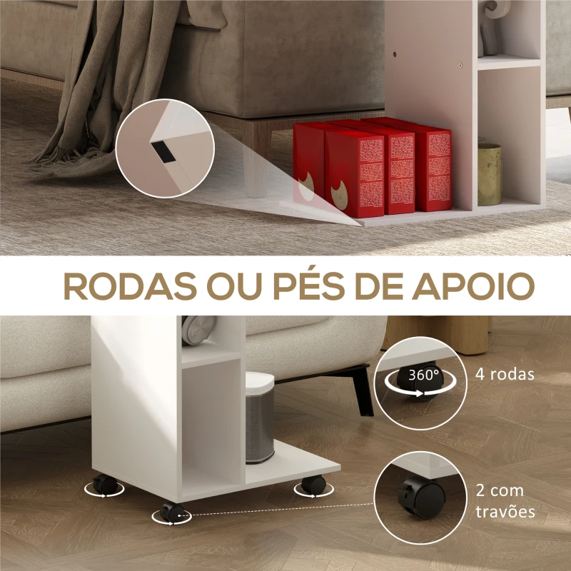 HOMCOM Mesa Auxiliar em Forma de C Mesa Auxiliar para Sofá com Rodas Compartimentos Abertos 40x30x69 cm Branco