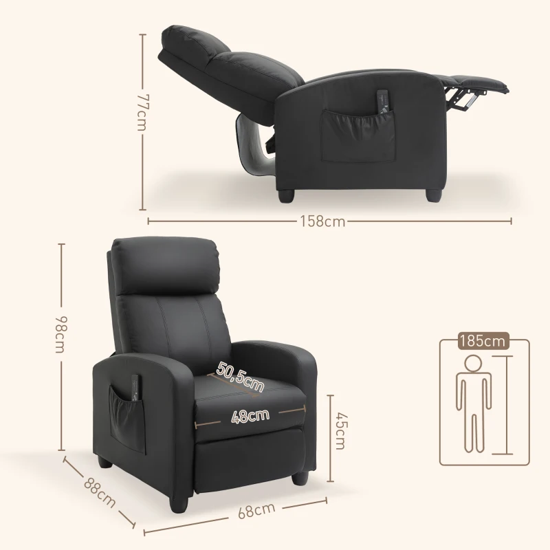 HOMCOM Sillón de Masaje Reclinable con Mando a Distancia Bolsillo Lateral y Temporizador Tapizado en PU 68x88x98 cm Negro