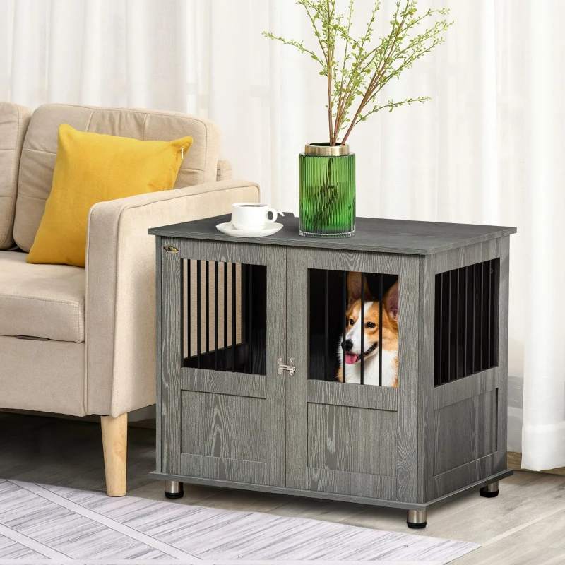 PawHut Cage pour chiens, Niche pour chiens, Maison pour chiens avec serrure, Porte magnétique, Maison pour chiens avec fenêtre, pour chiens de grande taille, 85 x 55 x 75 cm, Gris