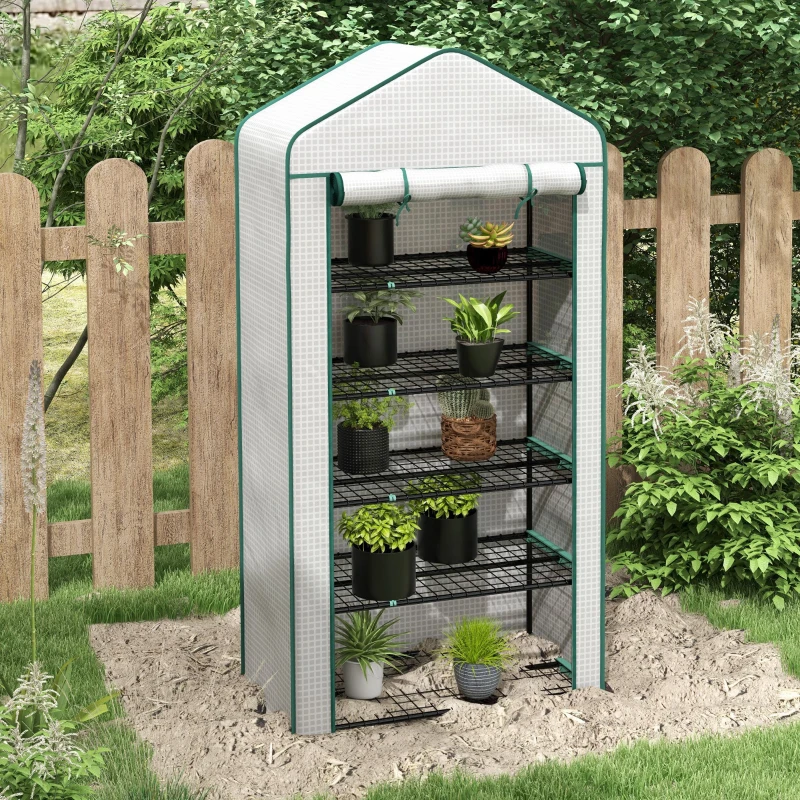 Outsunny Serre de jardin Serre 5 niveaux avec 1 porte enroulable, Bâche en PE Renforcée Résistante dim. 90L x 49l x 193H cm