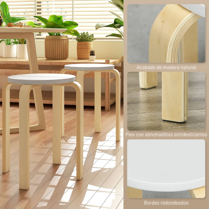 HOMCOM Juego de 4 Taburetes Apilables Taburetes Modernos Redondos Carga 120 kg para Salón Oficina Ø40x45 cm Natural y Blanco