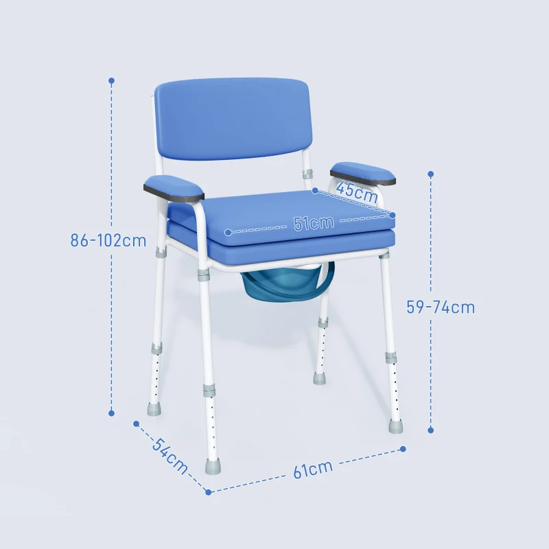 HOMCOM Chaise percée toilette multifonctions seau amovible hauteur réglable avec dossier siège et accoudoirs rembourrés bleu