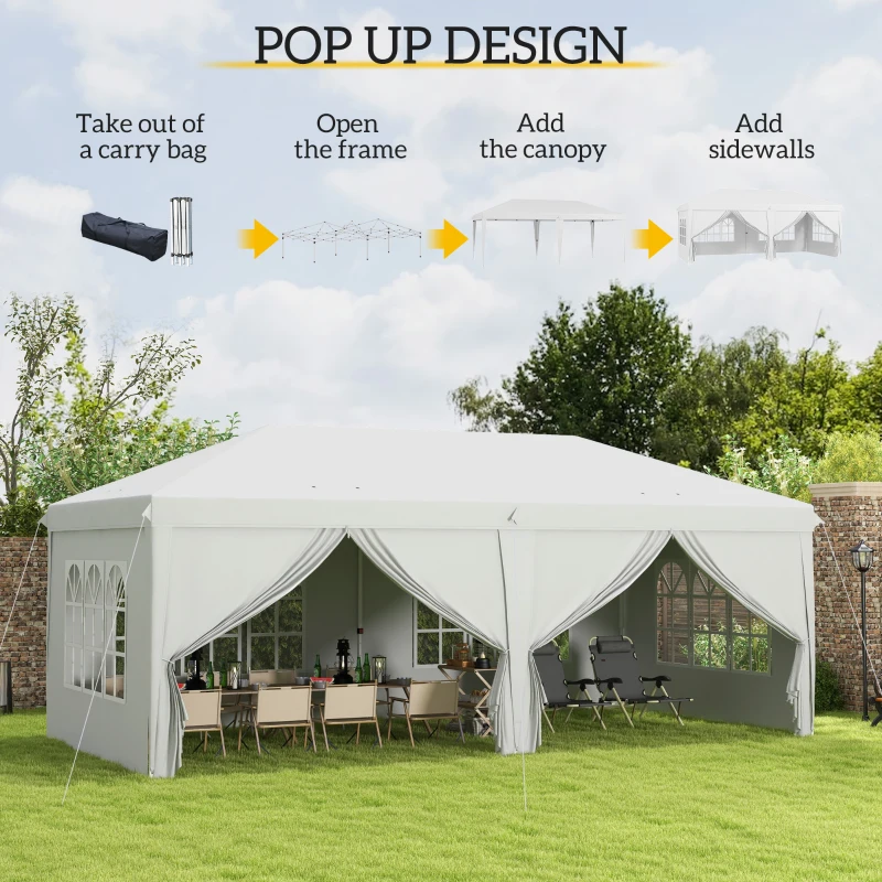 Outsunny 3 x 6 m Pop Up Gazebo with Sides and Windows, Height Adjustable Party Tent with Storage Bag for Garden, Camping, Event, White(m-4)