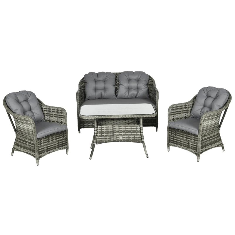 Outsunny Four-Piece Rattan Set, with Glass-Top Table - Grey