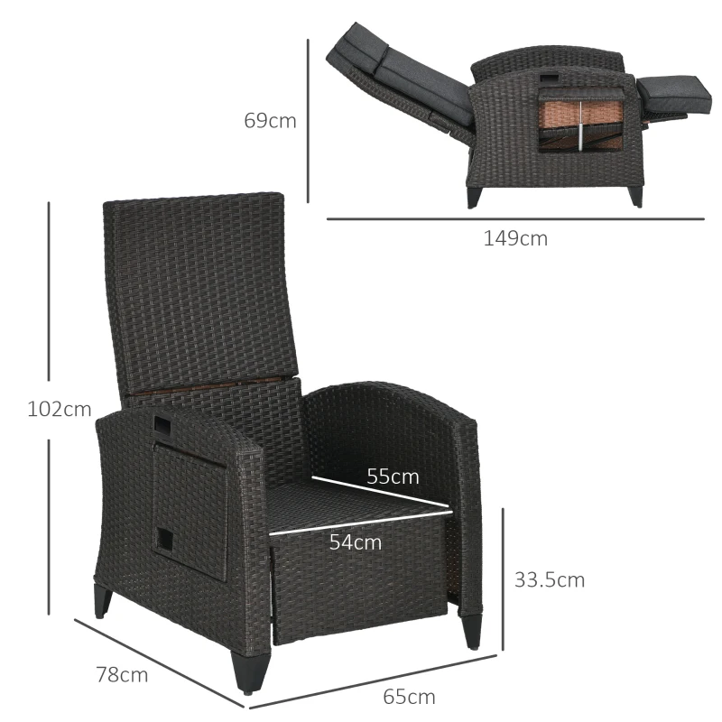 Outsunny Outdoor Recliner Chair with Adjustable Backrest and Footrest, Cushion, Side Tray, Dark Grey/Brown