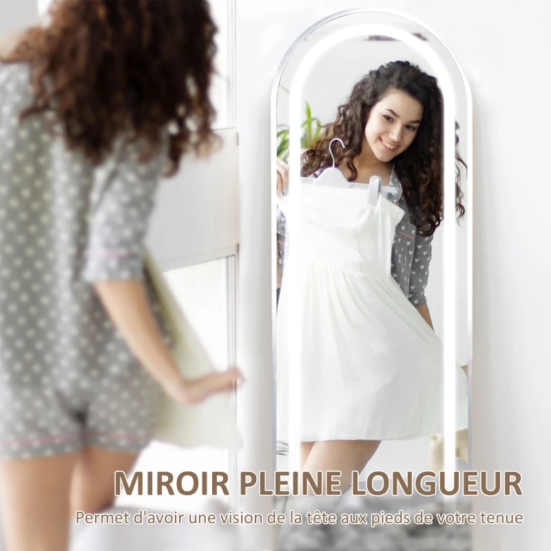 HOMCOM Miroir complet arqué miroir pleine longueur LED 3 couleurs lumière réglables fonction mémoire 150 x 40 cm argent