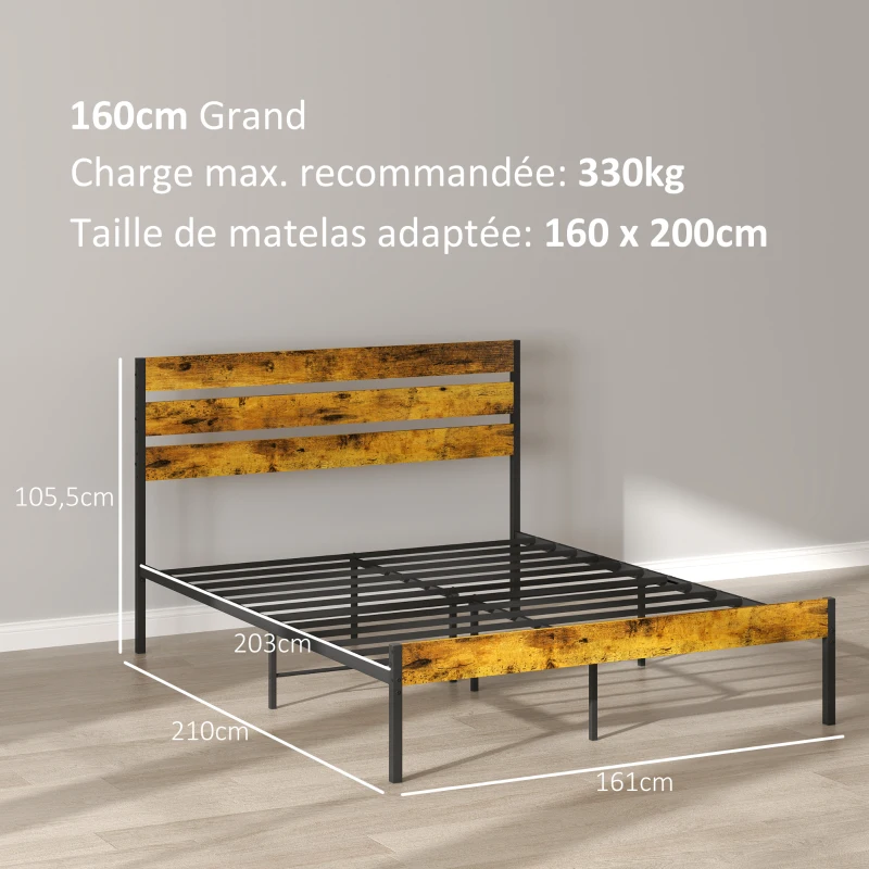 HOMCOM Doppelbettgestell aus Stahl mit Lattenrost und Kopfteil für Matratze 160 x 200 cm, Industriestil