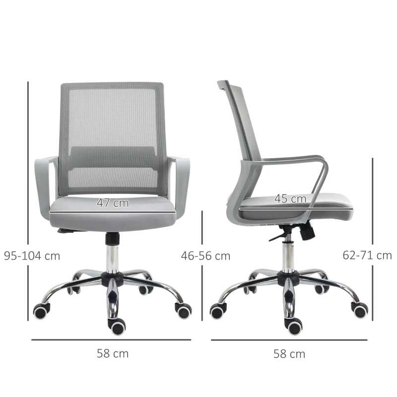 Vinsetto Ergonomic Desk Chair Mesh Office Chair with Adjustable Height Armrest and 360° Swivel Castor Wheels Grey