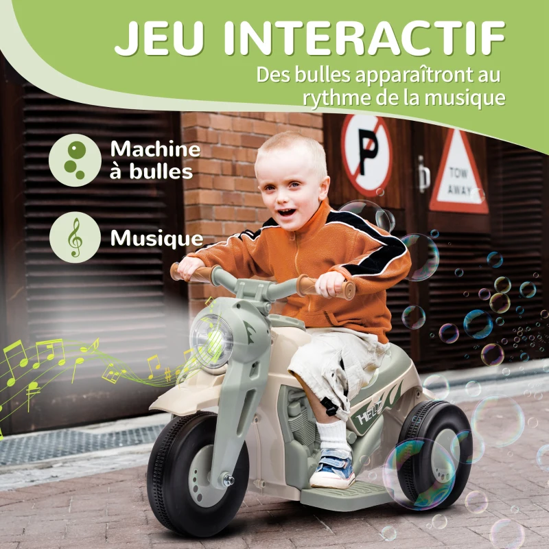 AIYAPLAY Moto électrique enfants 2-5 ans, 3 roues, 6 V, 3 km/h, avec fonction de bulles, effets lumineux et sonores, blanc crème