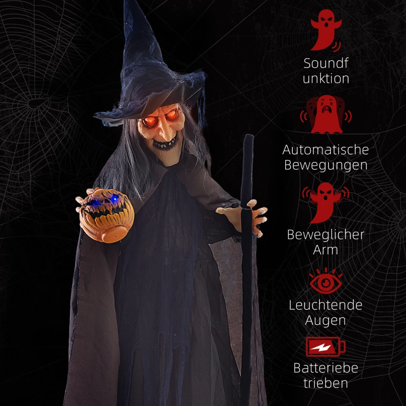 HOMCOM Halloweendekoration Hexe mit Besen, leuchtende Augen, gruselige Geräusche, biegsame Arme, 107x65x190 cm(m-7)