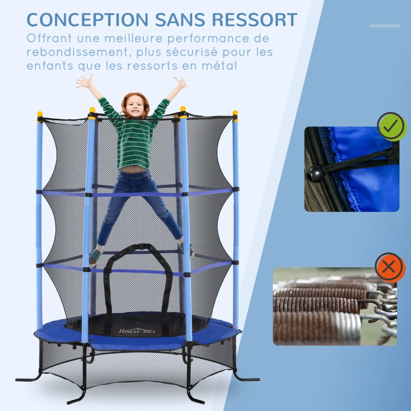 HOMCOM Trampoline Enfant Ø 1,63 × 1,9H m Filet de sécurité Porte zipée Couvre-Ressorts 6 poteaux rembourrés Inclus Bleu
