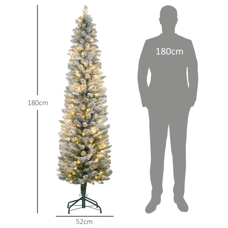 HOMCOM Sapin de Noël artificiel 180 cm avec éclairage LED blanc chaud, 329 branches enneigées, base en métal, réaliste et fin