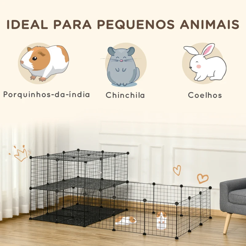 PawHut Recinto para Pequenos Animais Recinto Metálico para Animais com Forma Personalizável para Coelhos Porquinho da Índia 175x105x70 cm Preto