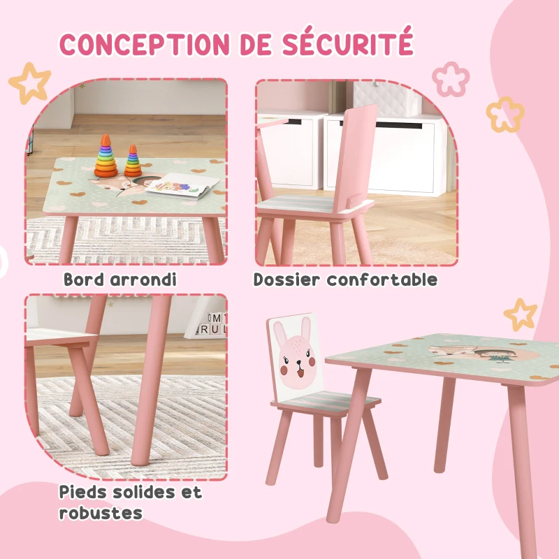 ZONEKIZ Ensemble table et chaises pour enfants, table pour enfant avec 2 chaises, motif animaux pour chambre à coucher rose