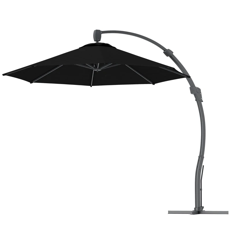 Outsunny 3(m) Garden Cantilever Parasol, Round Overhanging Umbrella with Crank Handle, Cross Base, Aluminium Frame and 360° Rotation, Banana Patio Umbrella for Outdoor Sun Shade, Black