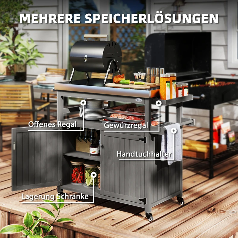 Outsunny Outdoor-Kücheninsel, Grillwagen mit Schrank und Regalen, Küchenwagen aus Holz und Edelstahl, mit Rollen, Grau