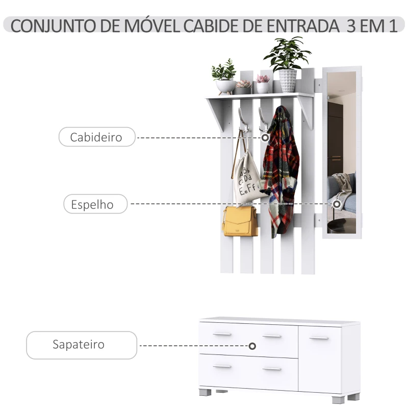 HOMCOM Móvel Cabide de Entrada com Espelho Ganchos e Sapateira Móvel de Entrada com 3 Ganchos Prateleira e 2 Gavetas Branco